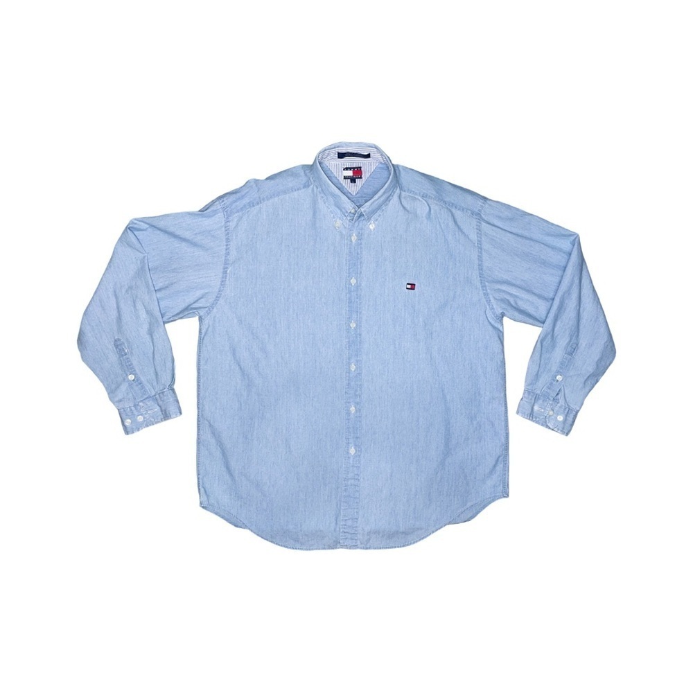 Tommy Hilfiger Men’s Large Denim Button Down Shirt 90s Vintage Y2K Oversized